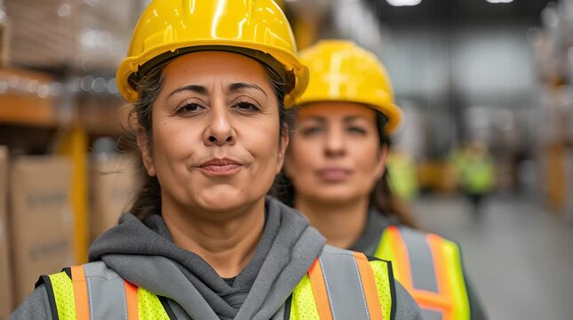 two mature female hispanic warehouse workers looking at the camera wearing a hardhat and a reflective vest	
