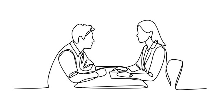 Continuous line drawing of a man and woman having a business meeting or job interview at a table Vector, illustration