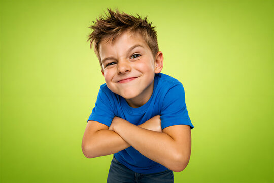 Mischievous Smiling Boy with Crossed Arms and Confident Attitude on Green Studio Background