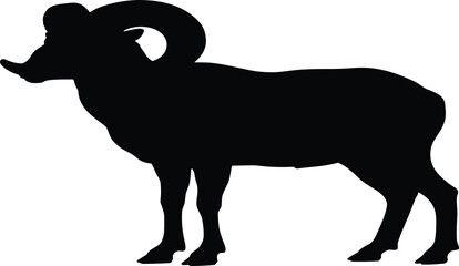 Obraz premium Black ram silhouette with large curved horns, bighorn sheep male animal, wild mountain wildlife, CAD drawing flat vector illustration isolated on white background