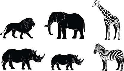 Black silhouettes of African safari animals set including lion, elephant, giraffe, zebra and rhinoceros, CAD drawing flat vector illustration isolated on white © ShreeBani