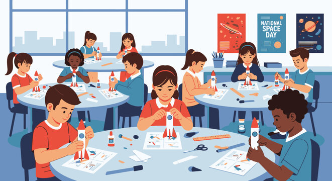 Children build model rockets in classroom with tables and educational posters