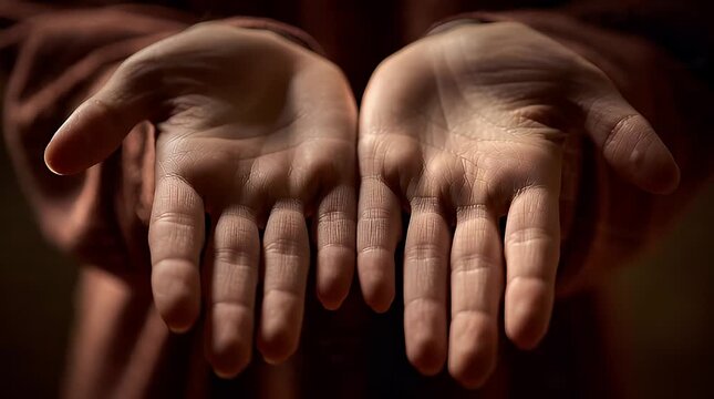 A close-up of outstretched hands showcasing human gesture and body language in a serene environment from a frontal viewpoint
