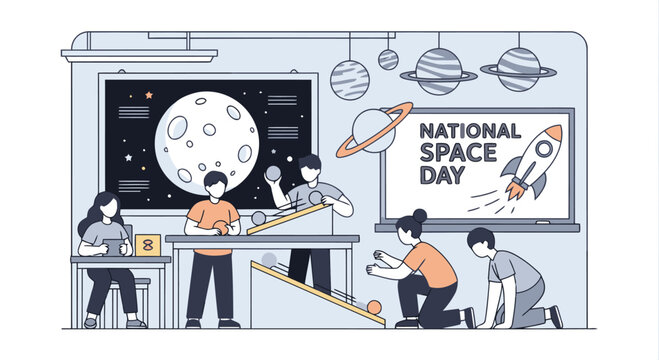 People celebrating National Space Day with a large moon display in a room