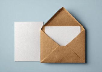 An overhead shot showcases an open kraft paper envelope and two blank white cards on blue
