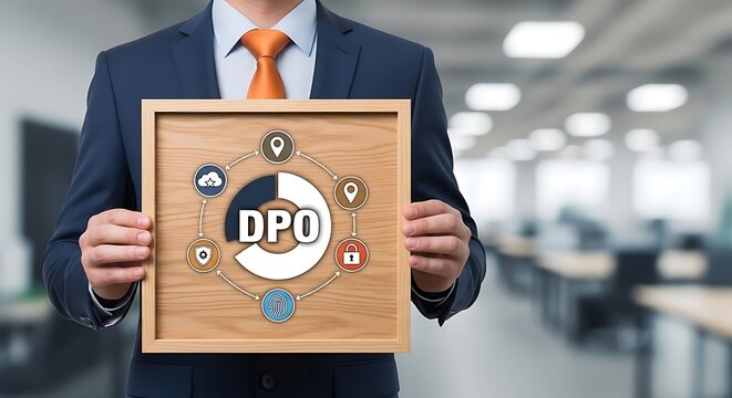 Businessman presenting data protection officer DPO concept in modern office