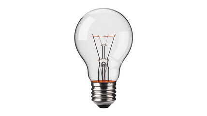 Clear light bulb with silver base and orange filament isolated on a transparent background
