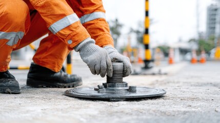 Worker in Orange Jumpsuit Adjusting Manhole Cover on Urban Street