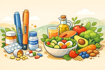 Vector Illustration of Medicine Insulin Pens and Supplements Alongside Healthy Foods Friendly Cartoon Tones 