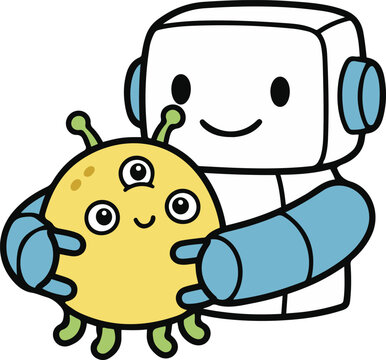 Cute vector illustration of a friendly robot hugging a smiling three-eyed alien creature, showing friendship, technology, and adorable sci-fi characters.