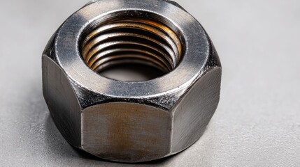 Close-Up of a Metal Nut on a Smooth Gray Surface for Industrial Use