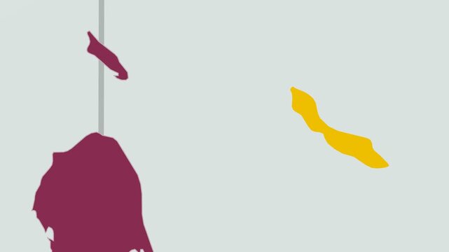 Curacao map. Animated zoom into the country on the Globe in Pale Mint Dark Pink color palette. Country logo animation with round text and airplanes. Map with meridians, parallels. Authentic video.