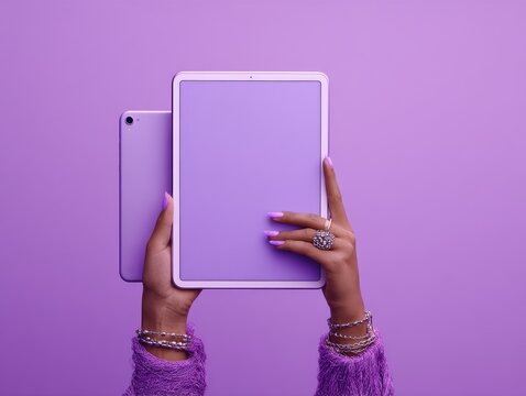 Woman holding tablet in purple team and background for advertising 