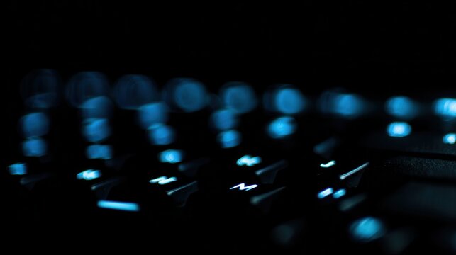 Keyboard backlight, soft blue glow under black keys, macro bokeh