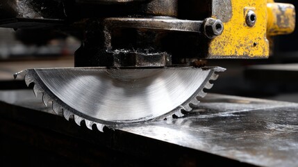 Circular saw blade close-up on cutting surface in workshop