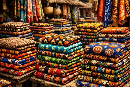 Vibrant Stacks of African Patterned Textiles in an Outdoor Market