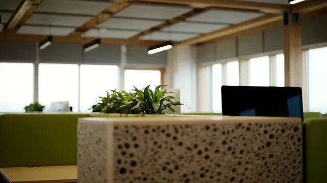 Eco office design with modern architecture and a bright, open-plan workspace featuring green partitions, indoor plants, and abundant natural light, captured with a cinematic shallow depth of field.