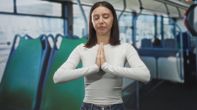 Young hispanic woman palms pressed together at chest praying while standing in an empty city bus street; calm meditation reflection.
