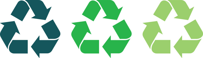 Recycling symbols set in green tones representing sustainability, eco friendly practices, environmental protection, waste management, circular economy concepts, and recycling awareness
