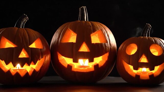Three glowing carved pumpkins with spooky faces illuminate a dark background