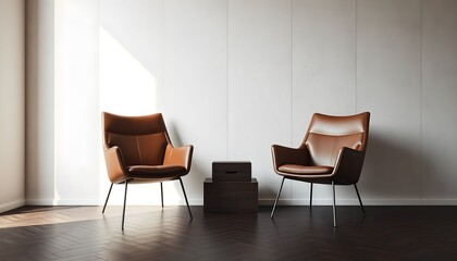 Obraz premium Two modern leather chairs sit in a minimalist room with sunlight casting shadows on the wall.