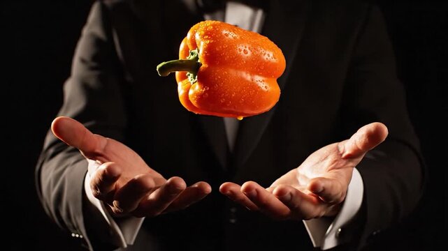 Magician in a tuxedo levitating a fresh orange bell pepper.