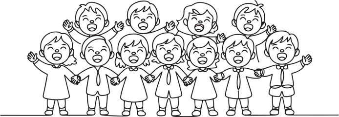 Obraz premium Continuous one line drawing of Kids singers in choir . Cute children sing song together. one line art icon drawing vector