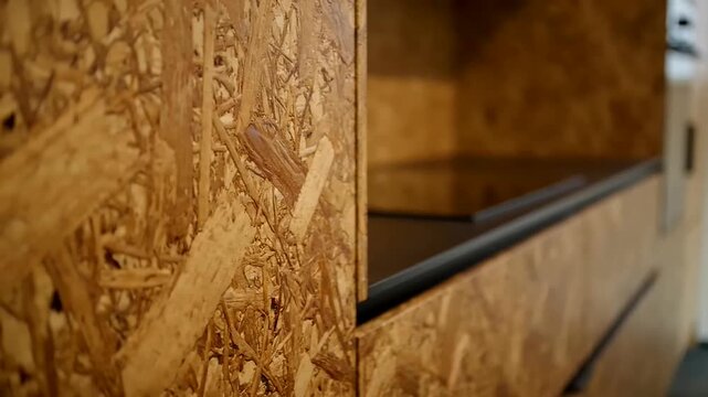 Eco office design features modern furniture crafted from oriented strand board, showcasing sustainable and raw material textures in a contemporary, minimalist interior with shallow depth of field.