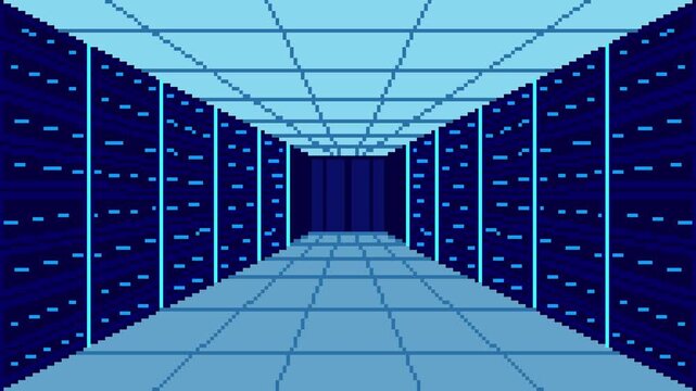 8-bit pixel art server room. looped animation 4k 30fps