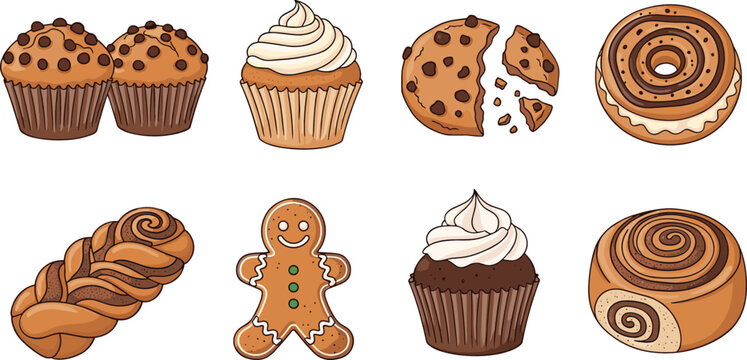 Bakery sweets vector set with muffins, cupcakes, cookies, donuts, cinnamon rolls, braided bread, and gingerbread illustration