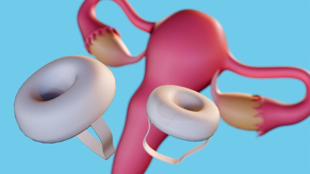 A 3d rendering of cross-section of the female reproductive system with a contraceptive sponge. It physically blocks the cervix so sperm can't get into the uterus.