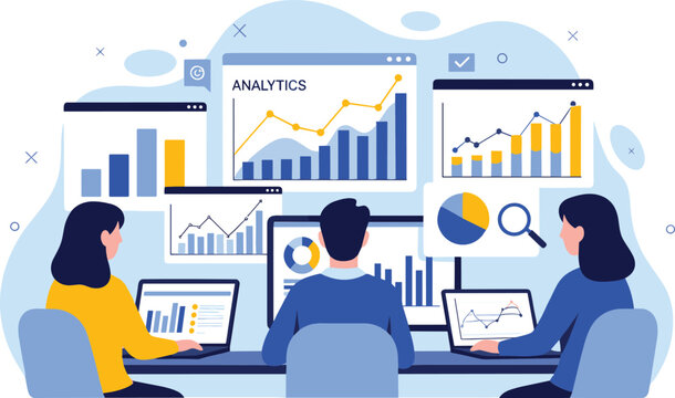 Business analytics team vector illustration analyzing data dashboards, charts, graphs, and performance metrics in modern office environment