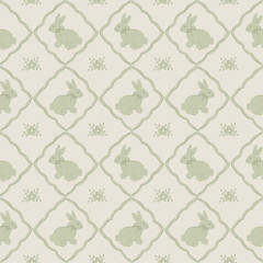Vintage floral pattern with cute bunnies, vector seamless pattern.
