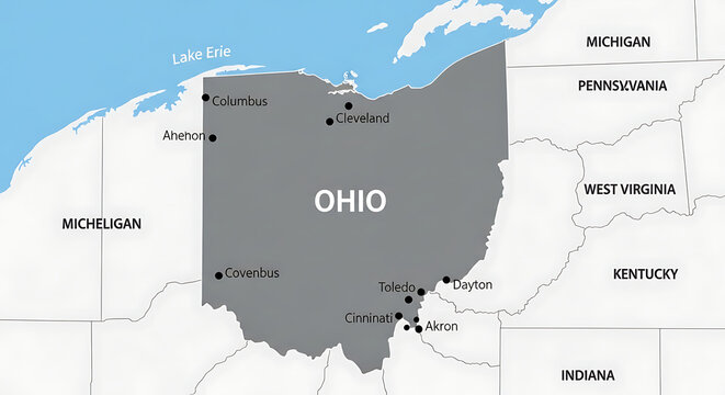Map of Ohio State with Neighboring States and Major Cities.