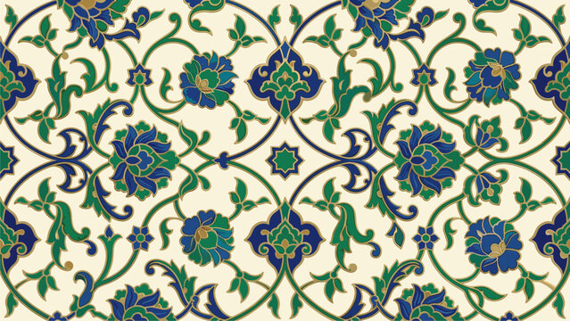 Intricate Floral Pattern Design, Seamless Islamic Art Background, Decorative Textile Motif