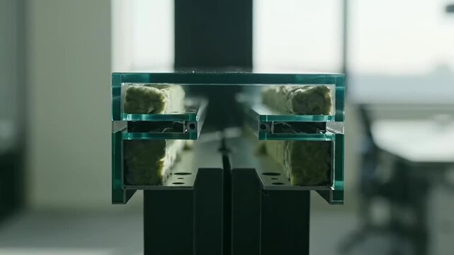 Eco office design features innovative multi-layered glass panel with sustainable insulation material for modern energy-efficient building architecture, close-up detail.