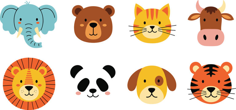 Cute animal face vector icon set with elephant, bear, cat, cow, lion, panda, dog, and tiger characters