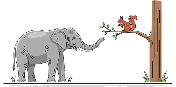 Cute animal vector illustration showing elephant reaching toward squirrel on tree branch in simple cartoon wildlife scene
