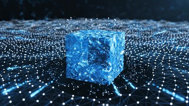 A glowing blue cube with intricate patterns surrounded by a digital network