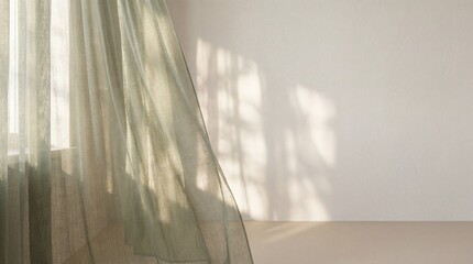 Soft light filters through sheer curtains in a serene empty room with gentle shadows on the wall