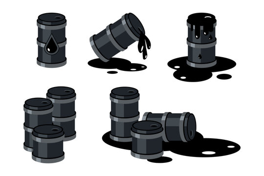 Set of oil barrel icons featuring crude oil spill, leaking petroleum drums, and stacked fuel containers