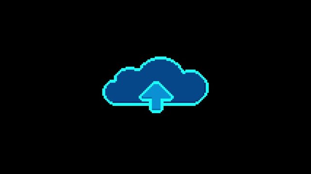 8-bit pixel art blue cloud computing upload icon. looped animation 4k 30fps