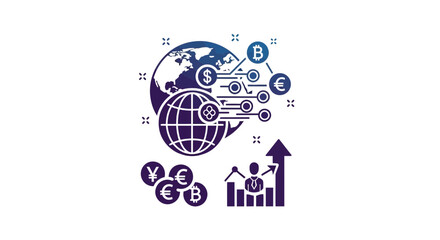 Fototapeta premium Global finance and cryptocurrency network illustration with world map and growth chart