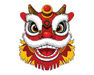 Naklejka premium Bright Red Chinese Lion Dance Head with Open Mouth and Fierce Eyes, Traditional Festival Symbol