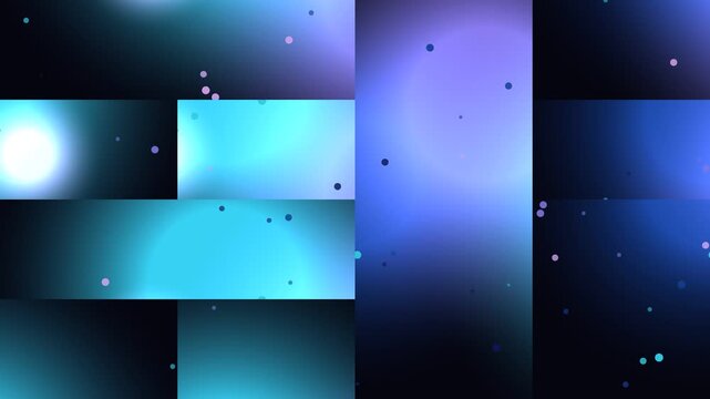 An animation background featuring glowing blue and purple light spheres with subtle floating particles, visually segmented into multiple square grid fragments resembling glass tiles