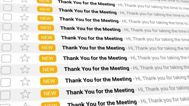 Thank You for the Meeting emails appear endlessly in a digital inbox. Ideal for concepts of business communication, appreciation, feedback, or digital overload.