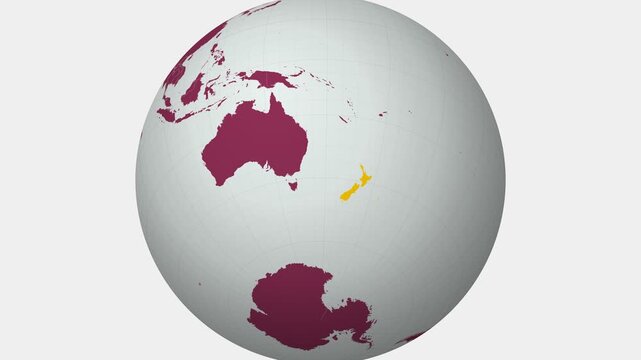 New Zealand map. Animated zoom into the country on the Globe in Pale Mint Dark Pink color palette. Country logo animation with round text and airplanes. Map with meridians, parallels. Beautiful video.