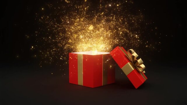 Unveiling the Treasure: A red gift box with a golden bow, opened to reveal a brilliant explosion of golden light, symbolizing the excitement of surprises and special moments.