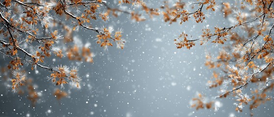 Beautiful Winter Landscape with Frozen Tree Branches and Autumn Leaves Under Falling Snow and Soft Sunlight Representing Changing Seasons and Peaceful Nature Scenery in High Resolution