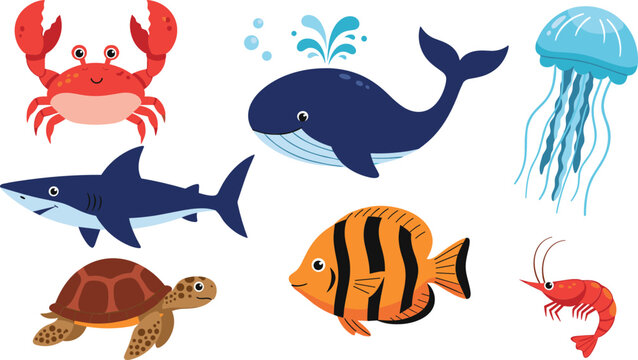 Cute sea animal vector set with whale, shark, crab, turtle, fish, jellyfish, and shrimp in colorful cartoon style